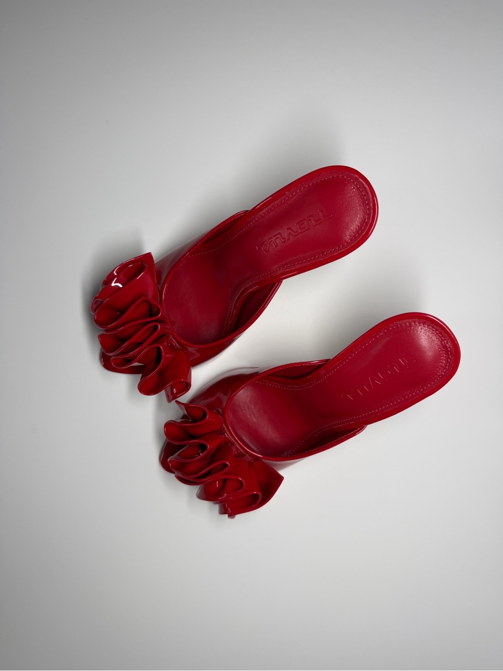 Red Ruffle Slip-On Heels - Women's Elegant Slide Sandals
